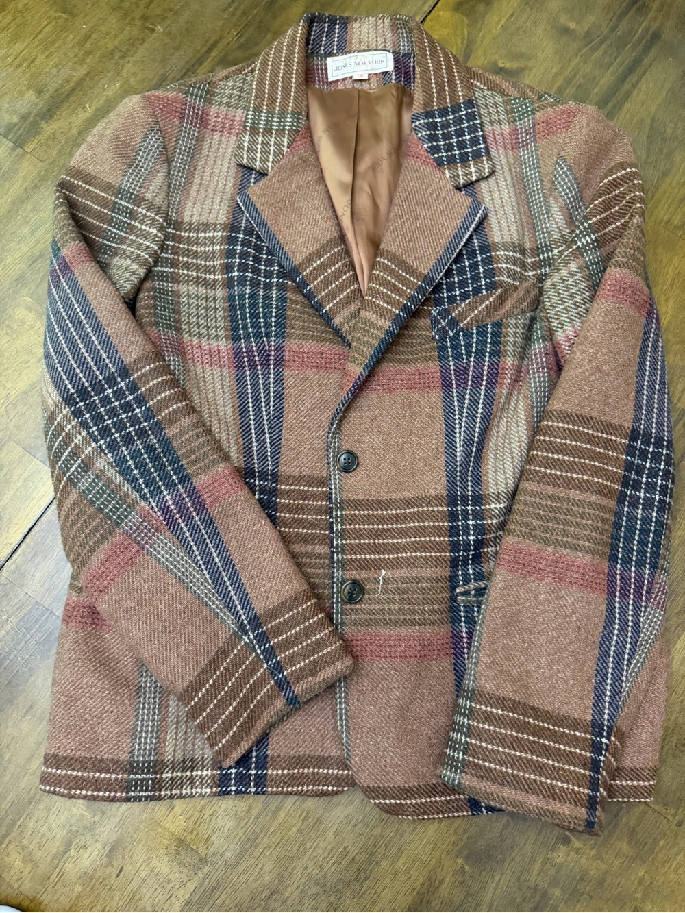 Vintage Jones New York Plaid Blazer Women’s 14 Brown Pink Navy